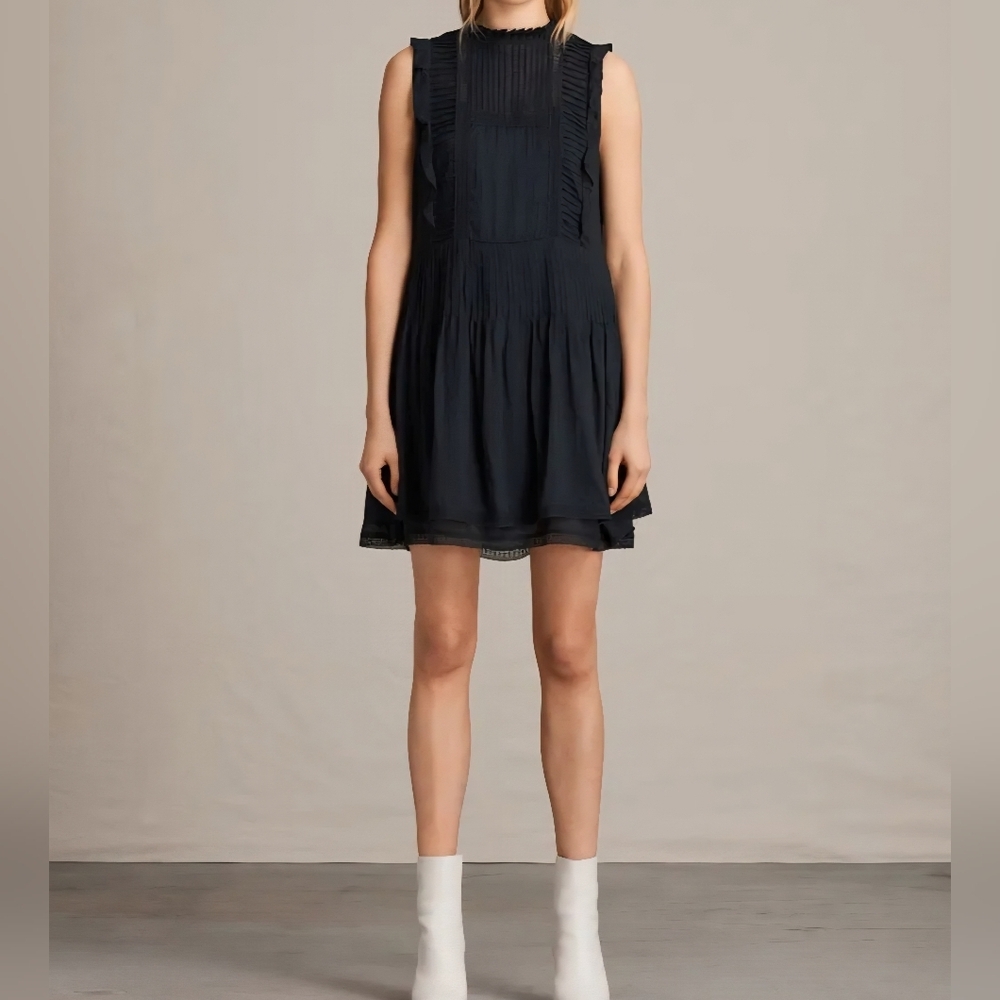 All Saints Black Evelina Ruffle  Mini Dress Women's Size 0